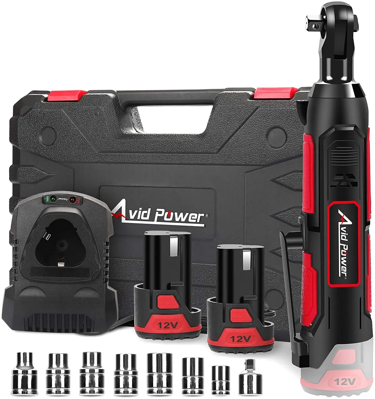 Cordless Electric Ratchet Wrench, 3/8" 50N.M (37 Ft-Lbs) 12V Power Ratchet Wrench Kit W/ 2-Pack 2.0Ah Lithium-Ion Batteries, One Hour Fast Charger, Variable Speed And 8 Sockets By Avid Power 1