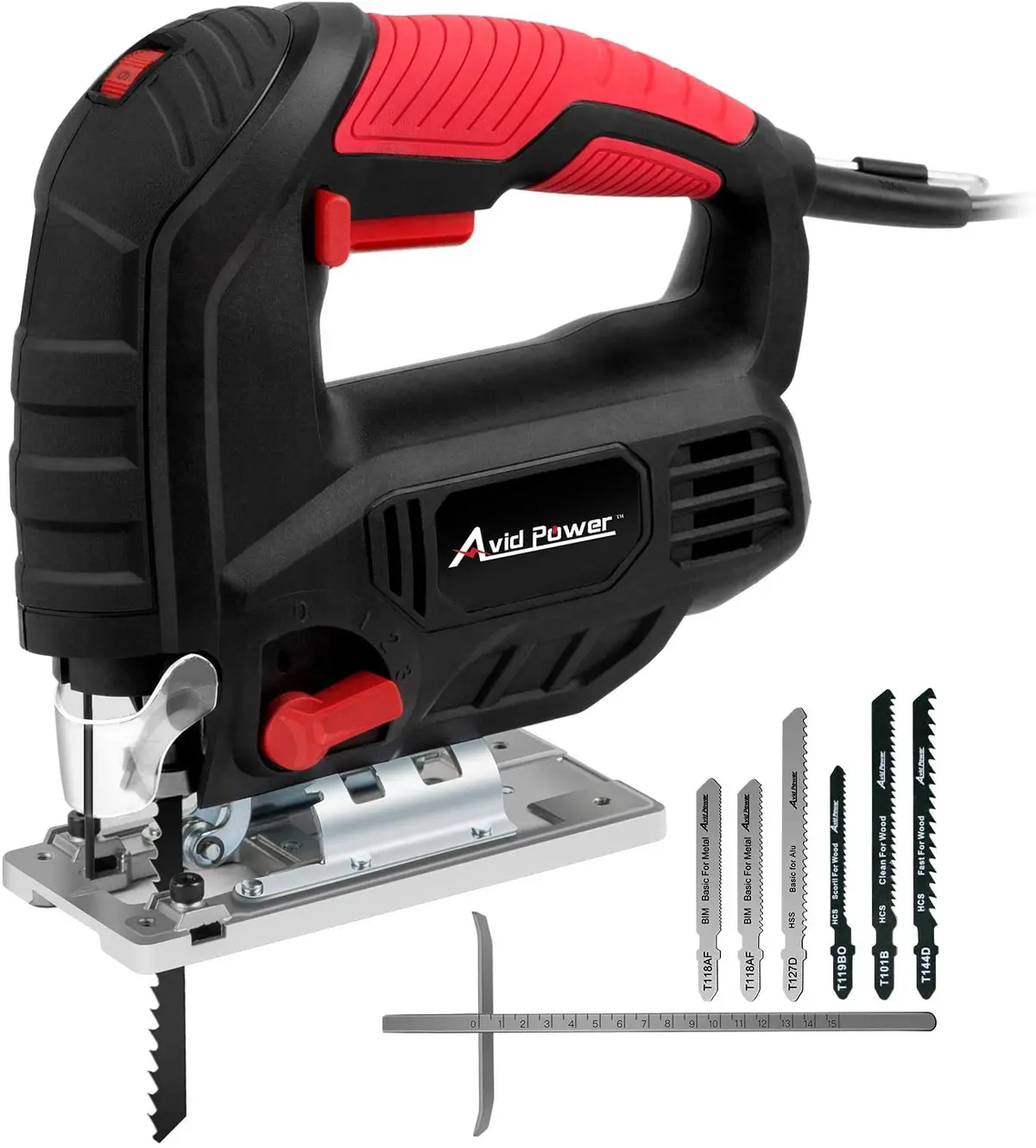 Jigsaw, Avid Power 7.0A 3000 Spm Jig Saw With Laser Guide, Variable Speed, Bevel Angle (0°-45°), 6Pcs Blades And Scale Ruler 1