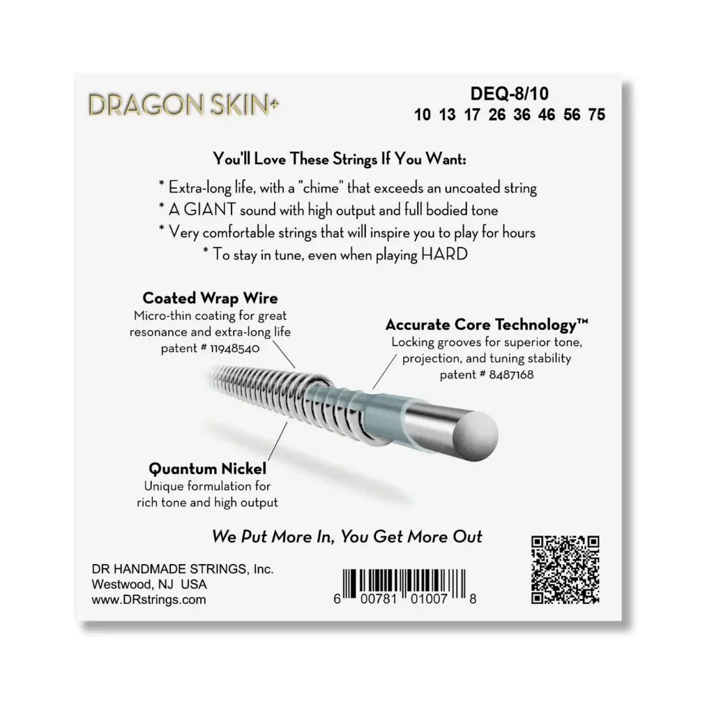 Dr Strings Dragon Skin+ Quantum Nickel 8-String Electric Guitar Strings - Medium 10-75 2