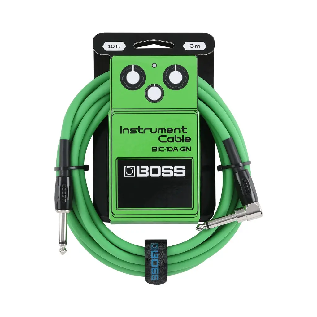 Boss Straight To Right-Angle 1/4-Inch Instrument Cable 10Ft/3M As - Green 1
