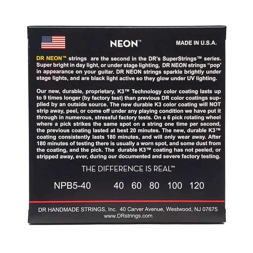 Dr Strings Hi-Def Neon Purple K3 Coated 5-String Bass Guitar Strings - Light 40-120 2