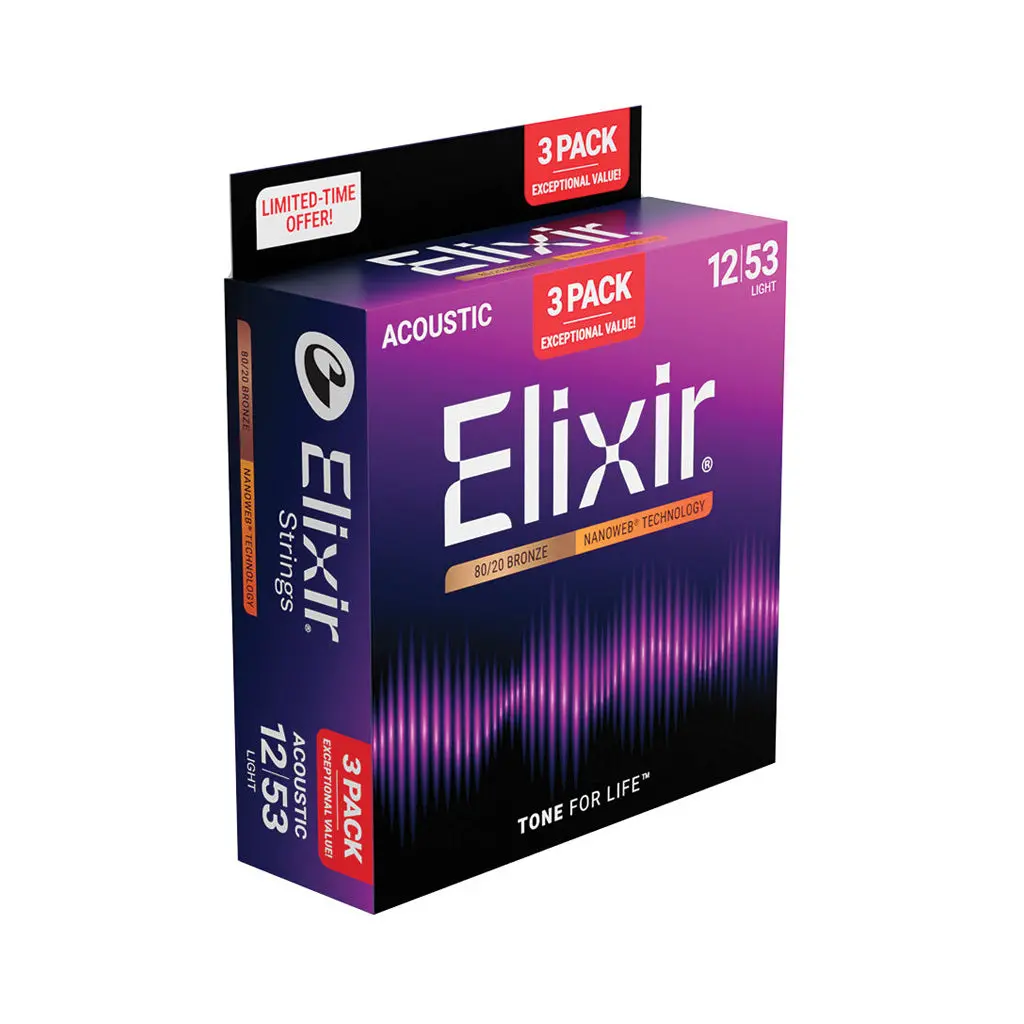Elixir E16565 Bronze Nanoweb Acoustic Guitar Strings - 12-53 Light, 3-Pack 1