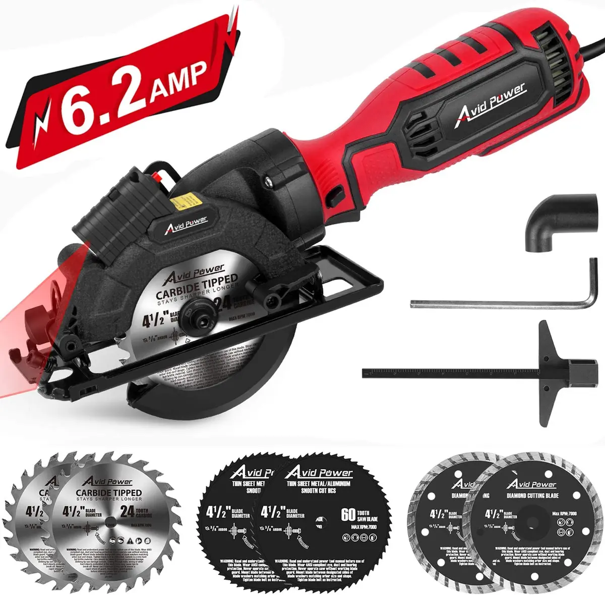 Avid Power Circular Saw, 4-1/2" Compact Electric Circular Saw 6.2A With 6 Saw Blades, Laser Guide, Scale Ruler, Ideal For Wood, Soft Metal, Tile, And Plastic Cuts 1