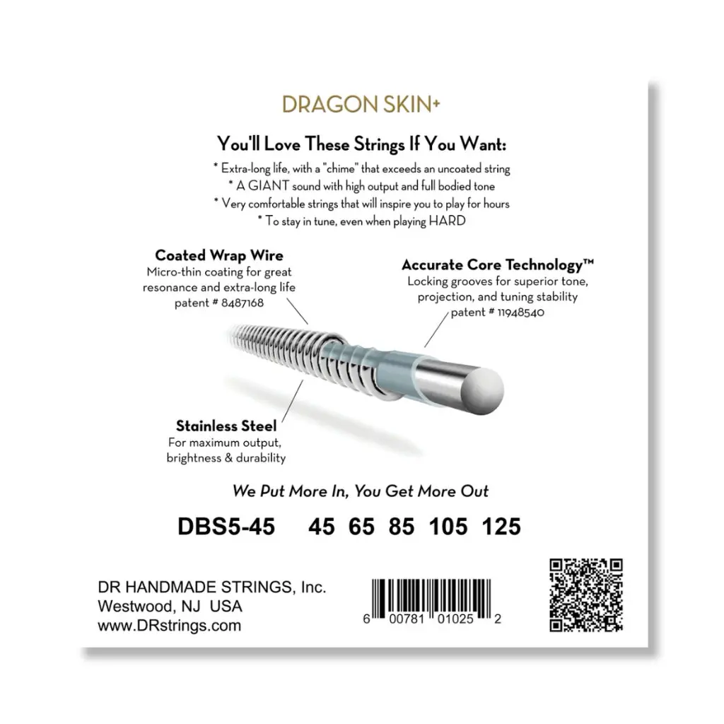Dr Strings Dragon Skin+ Coated 5-String Bass Guitar Strings - Medium 45-125 2