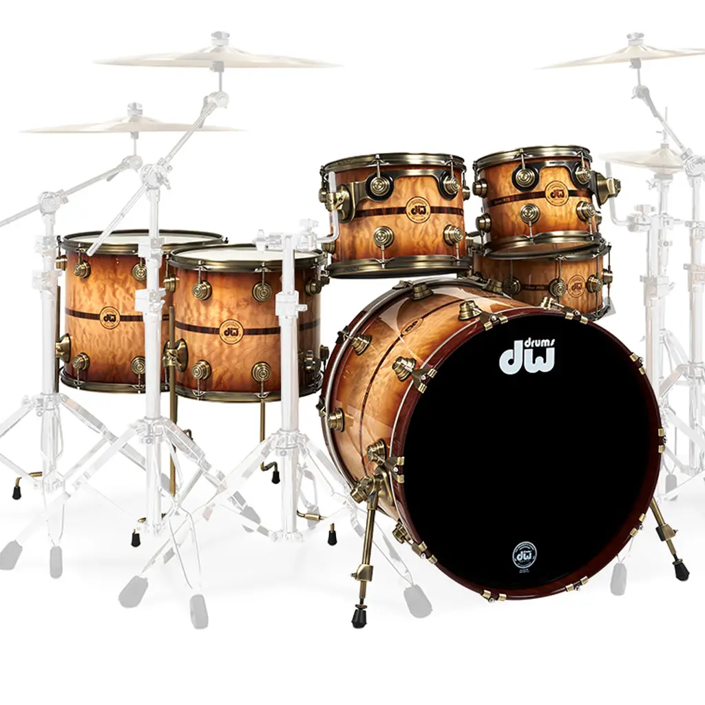 Dw Collector's 50Th Anniversary 6-Piece Shell Pack - Burnt Toast Burst Lacquer With Antique Gold Hardware 1