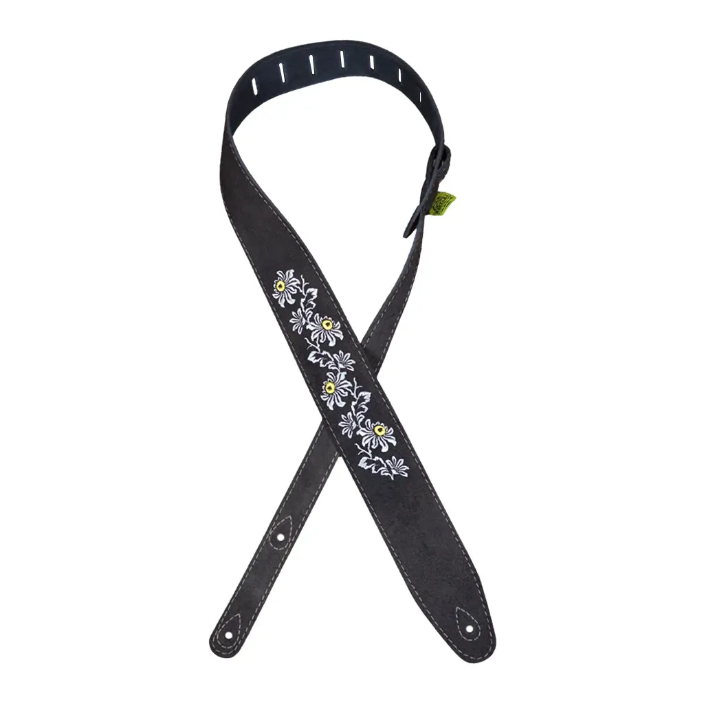 Colonial Leather Strap - Flowers Embroidered Brown Suede Guitar Strap 1