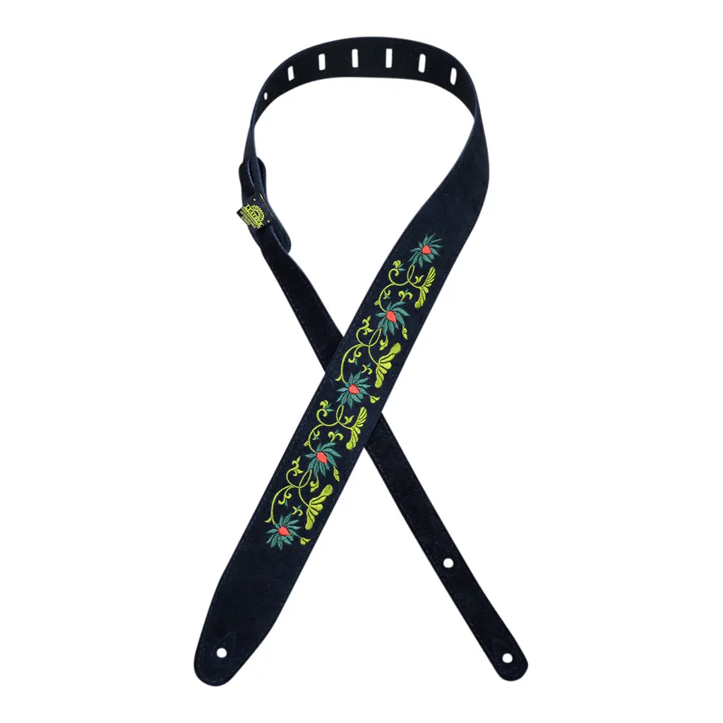 Colonial Leather - Flower And Leaves Embroidered Suede Guitar Strap - Black 1