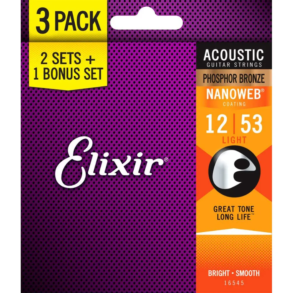 Elixir Nanoweb Phosphor Bronze 12-53 Light - 3 Pack 1