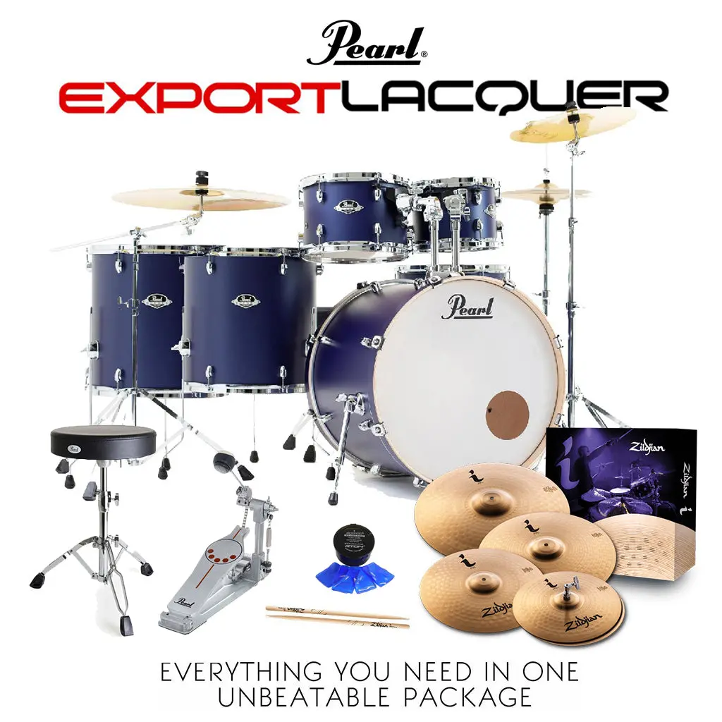 Pearl Export Lacquer Exl 22" Fusion Plus Kit Package With Zildjian Cymbals & Hardware (Free 14" Floor Tom) - Indigo Night 1