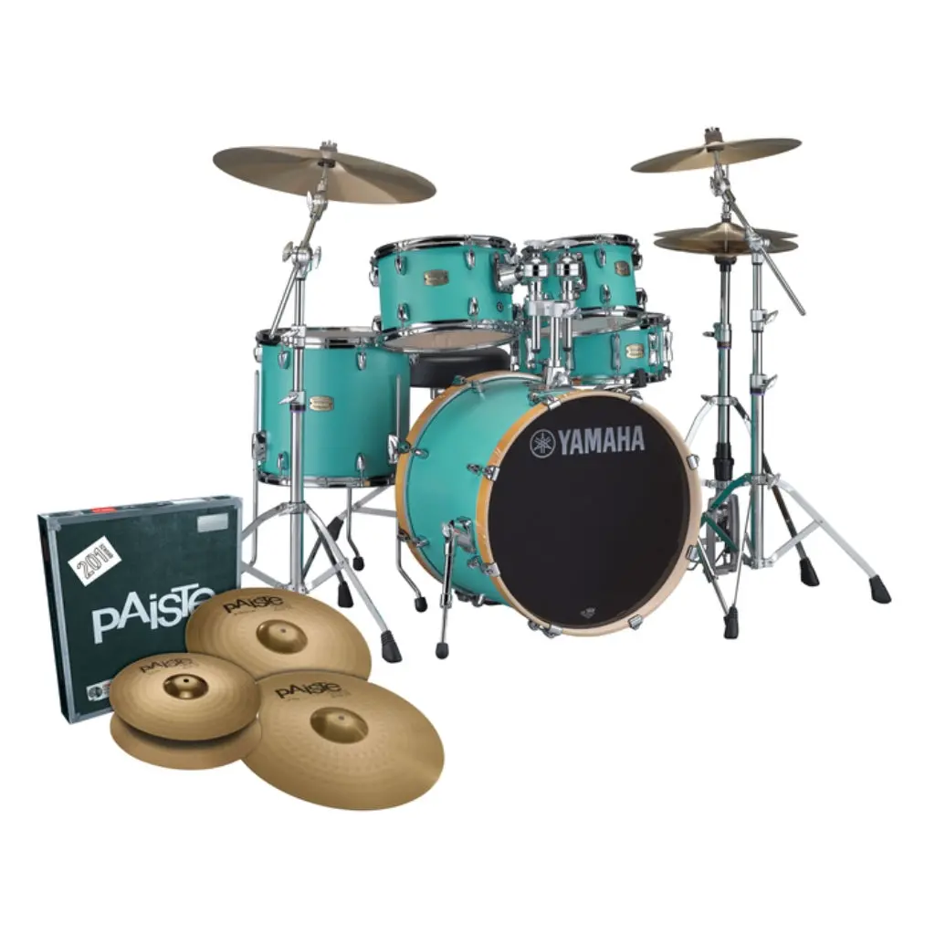 Yamaha Stage Custom Birch Next Stage Fusion Shell Pack With Hardware And Cymbals - Matte Surf Green 1