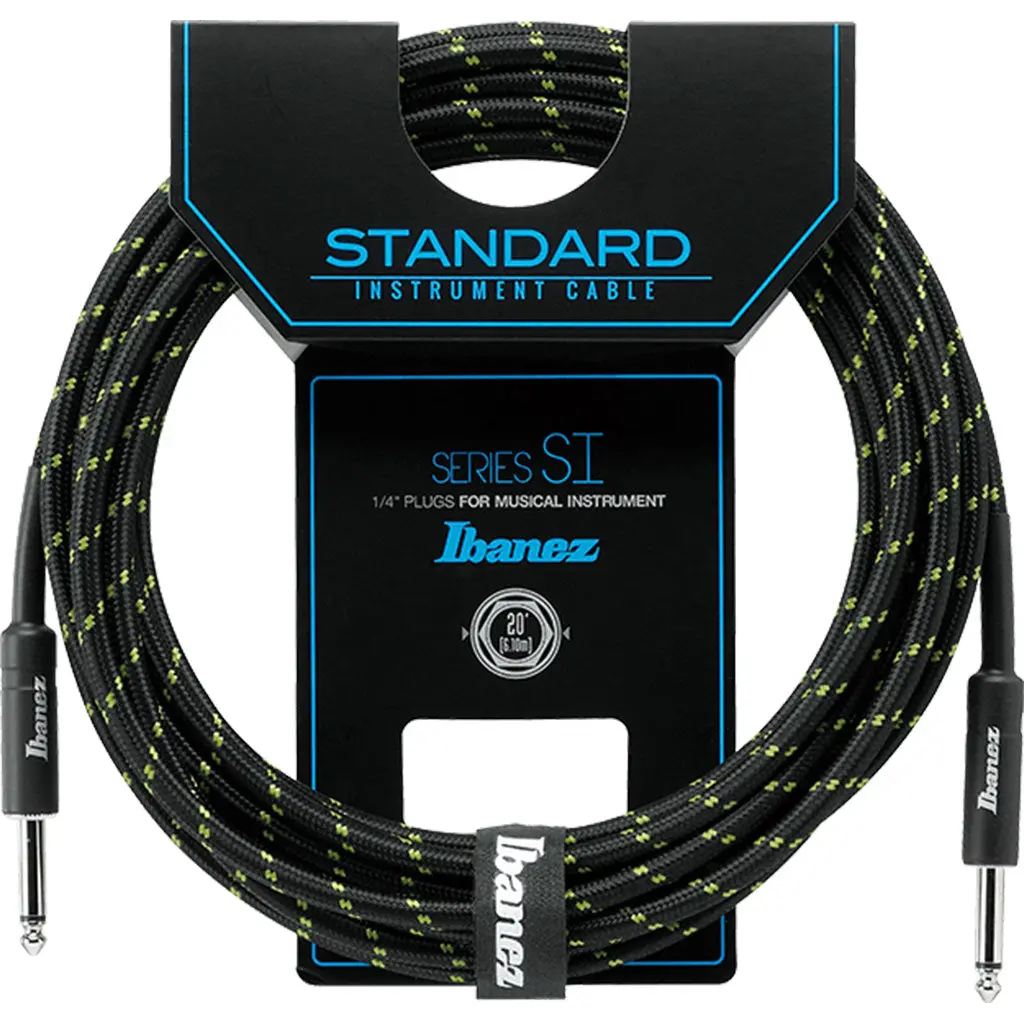 Ibanez Si20 Bg Woven Guitar Cable W/ 2 Straight Plugs - 20Ft (Black / Green) 1