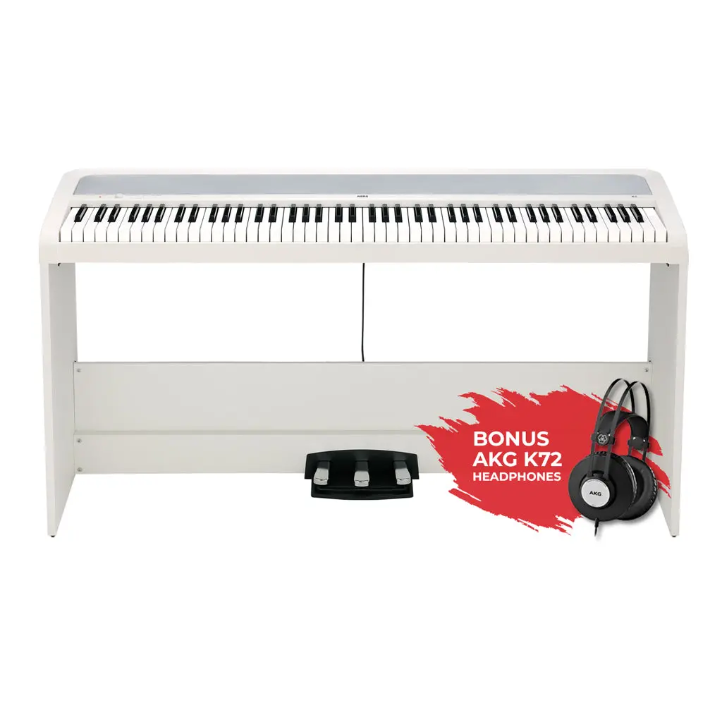 Korg B2sp 88 Weighted Hammer Action Digital White With Stand Pedals And Akg K-72 Headphones 1