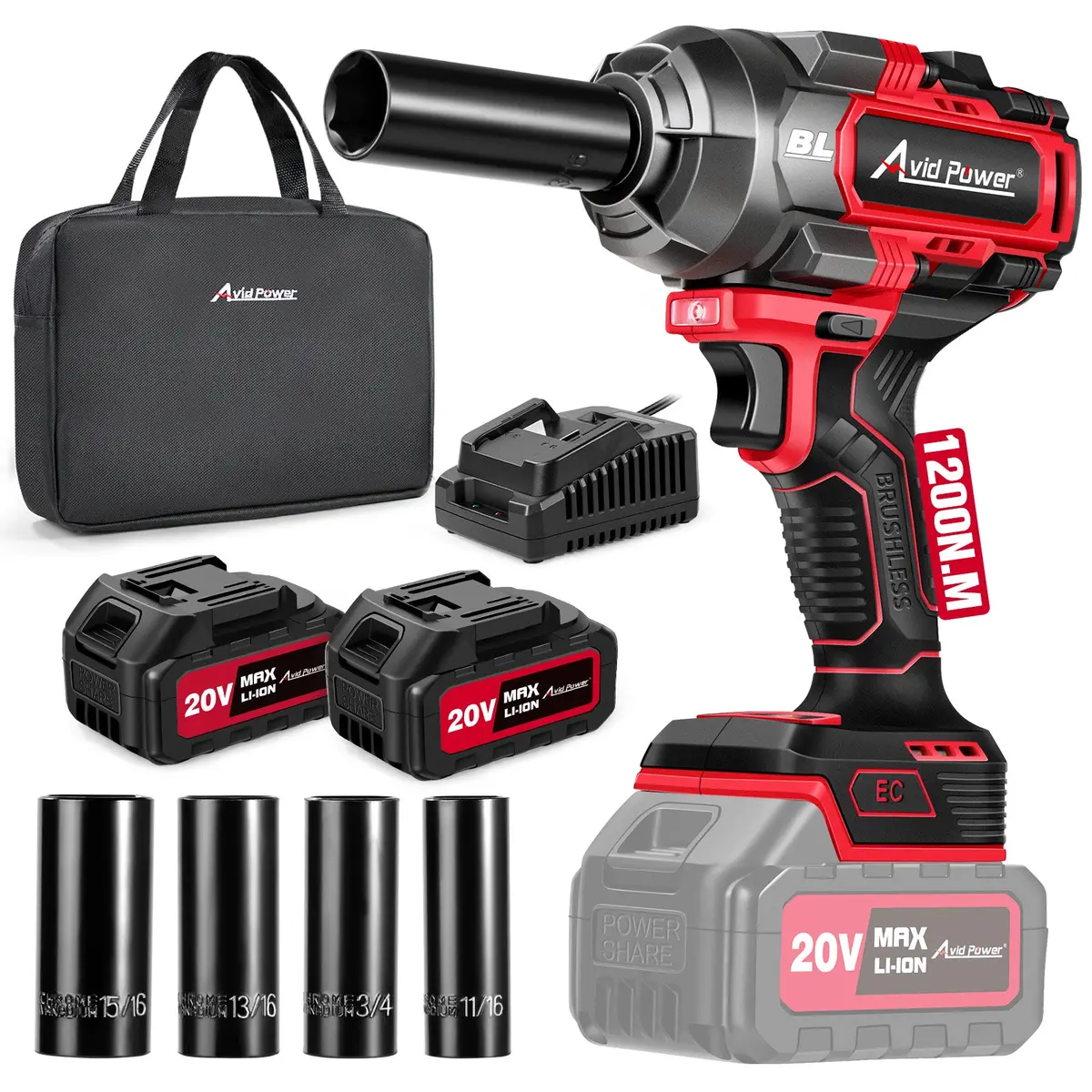 Avid Power Cordless Impact Wrench Kit 900 Ft-Lbs (1200 N.M), 2*4.0 Ah Batteries 20V Brushless High Torque Impact Gun For Car Tire Changes And Lug Nut & Bolts Removal |Fast Charger, Sockets & Tool Bag 1