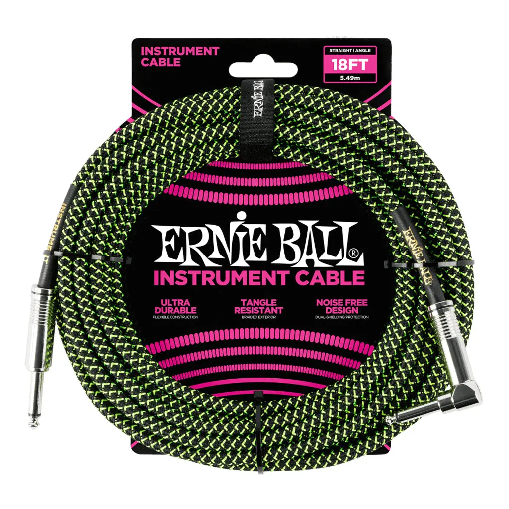 Ernie Ball 5.5 Meters Feet Braided Straight / Angle Inst Cable, Black/Green 1