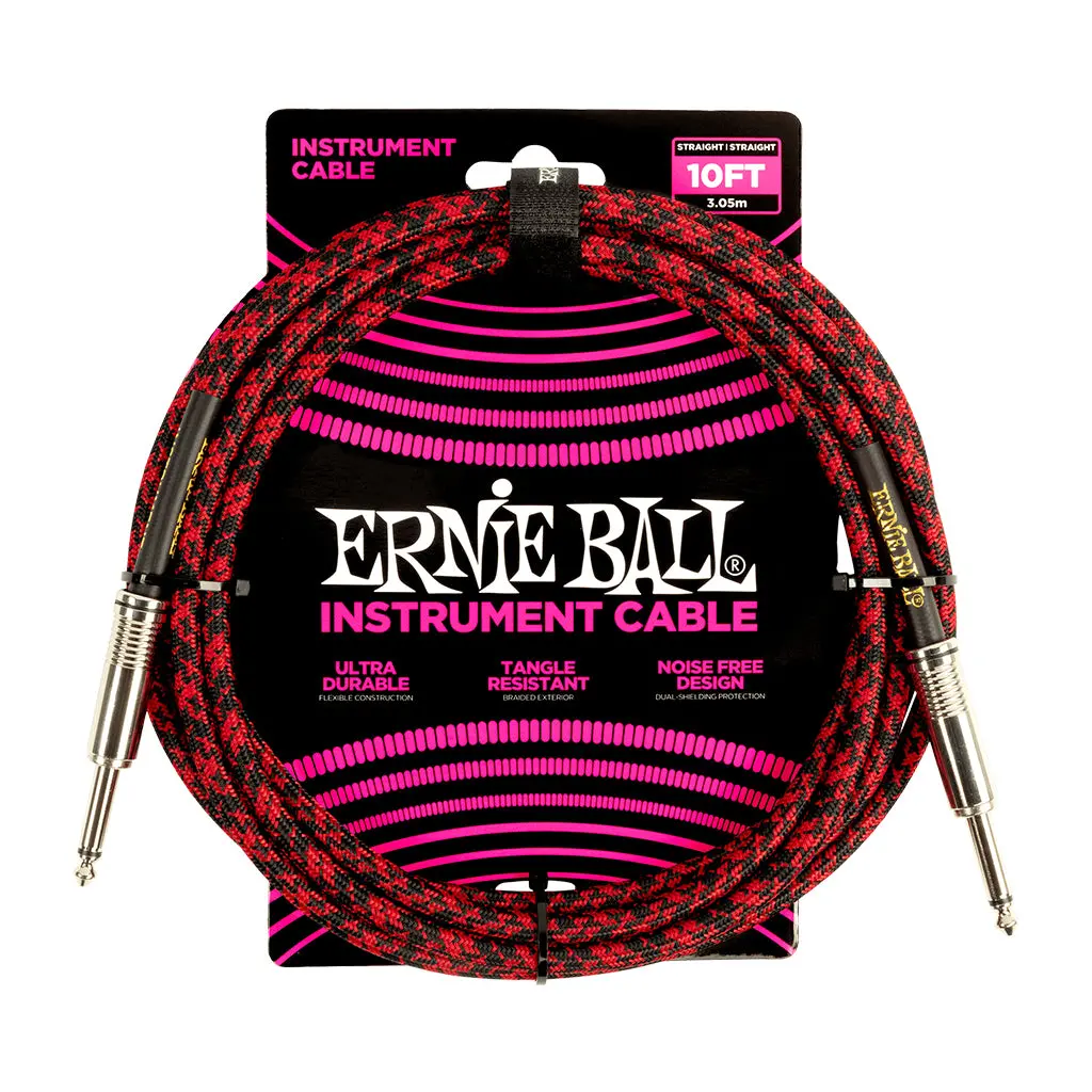 Ernie Ball 10Ft Braided Straight Straight Inst Cable Red Black 1