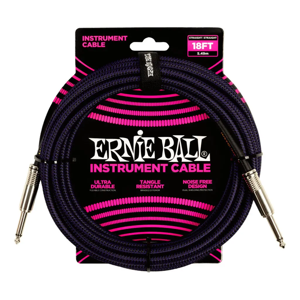 Ernie Ball 18Ft Braided Straight Straight Inst Cable Purple Black 1