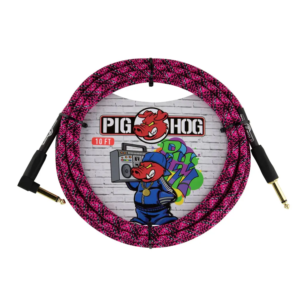 Pig Hog Instrument Cable - Graffiti Pink, 10Ft Right Angle 1