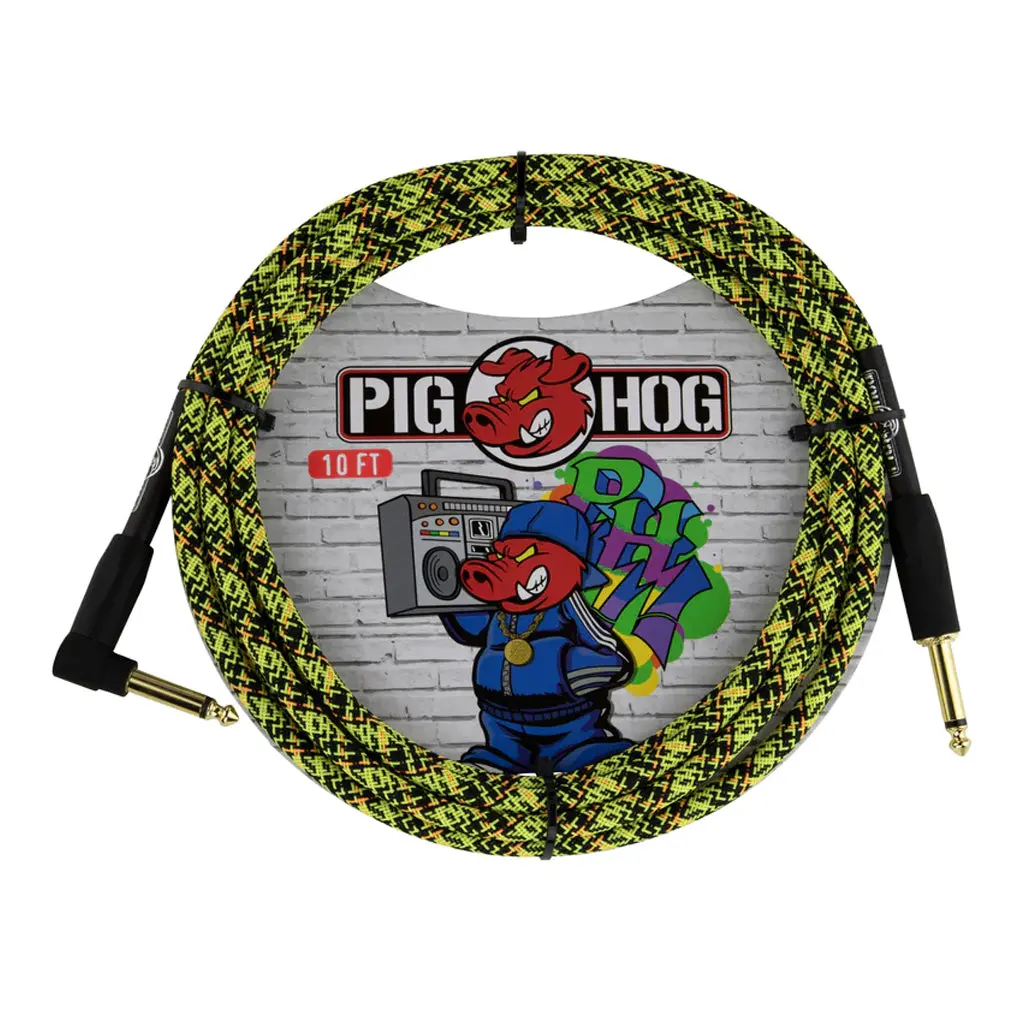 Pig Hog Instrument Cable - Yellow Graffiti, 10Ft Right Angle 1