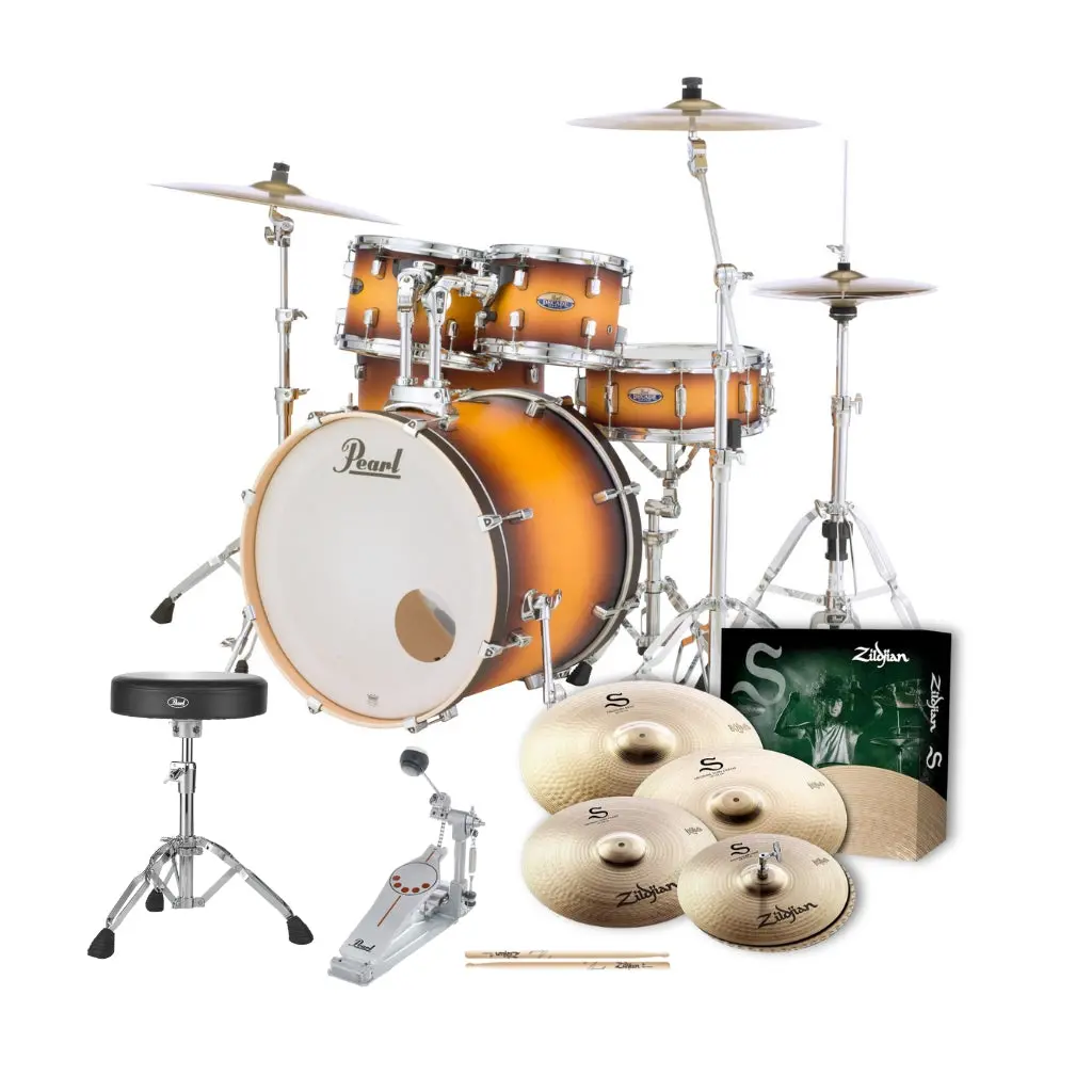 Pearl 22" Decade Maple 5-Piece Drum Kit Package With Zildjian Cymbals (S Series) & Hardware - Classic Satin Amburst 1