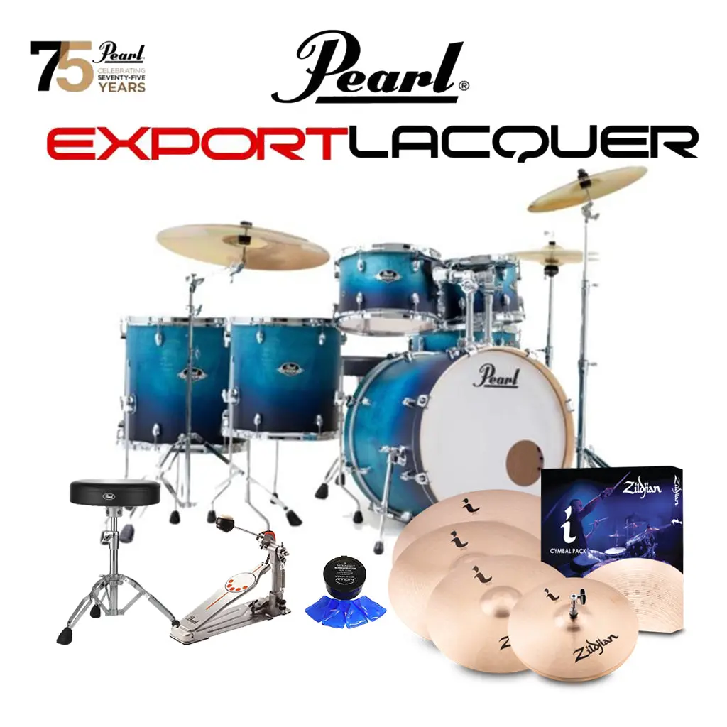 Pearl Export Lacquer Exl 22" Fusion Plus Kit Package With Zildjian Cymbals (I Series) & Hardware (Free 14" Floor Tom) - Azure Daybreak 1