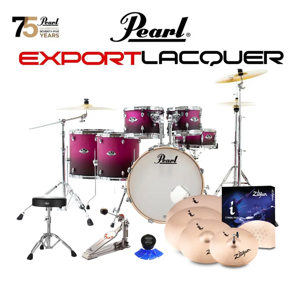 Pearl Export Lacquer Exl 22" Fusion Plus Kit Package With Zildjian Cymbals (I Series) & Hardware (Free 14" Floor Tom) - Raspberry Sunset 1