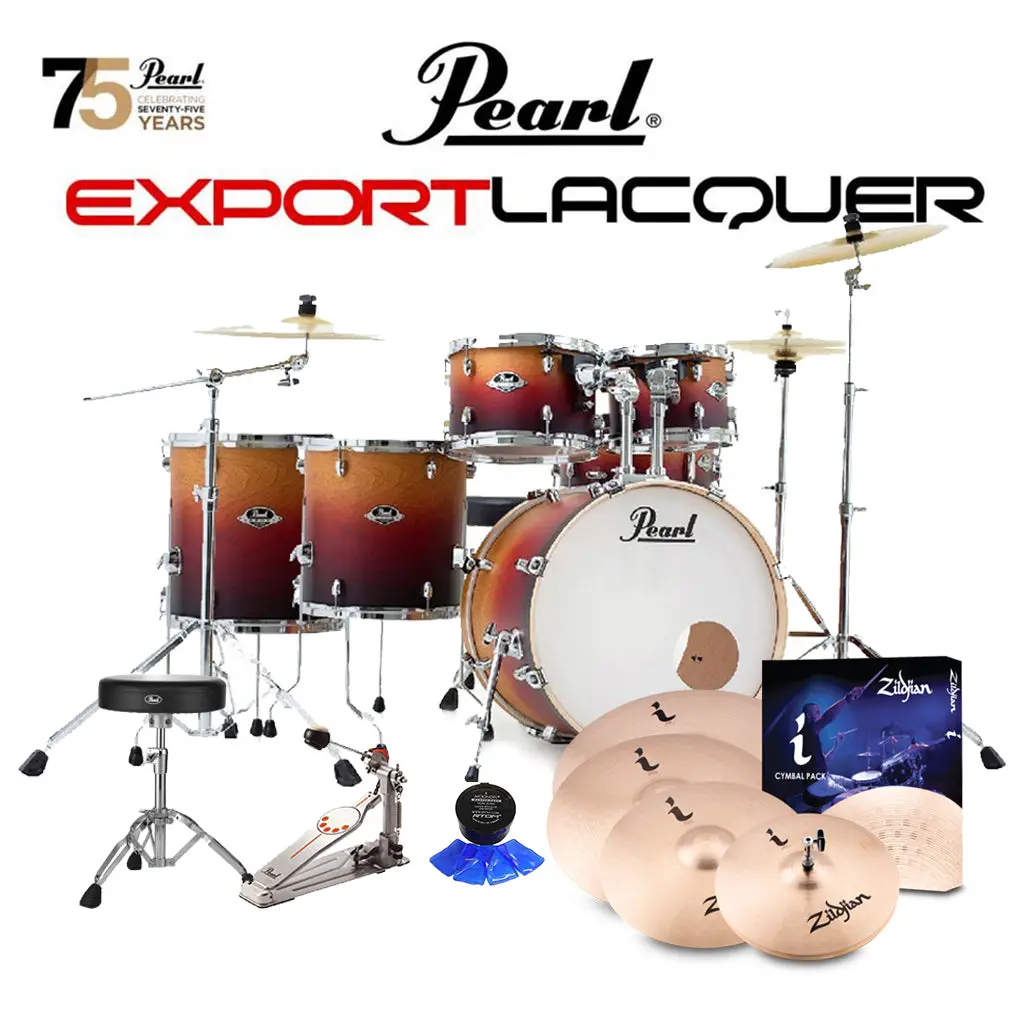 Pearl Export Lacquer Exl 22" Fusion Plus Kit Package With Zildjian Cymbals (I Series) & Hardware (Free 14" Floor Tom) - Ember Dawn 1