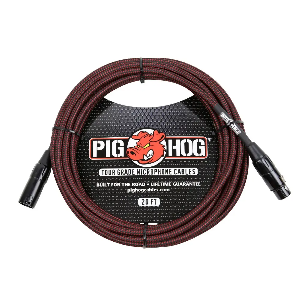 Pig Hog Tour Grade Microphone Cable - Black & Red Woven, 20Ft Xlr 1
