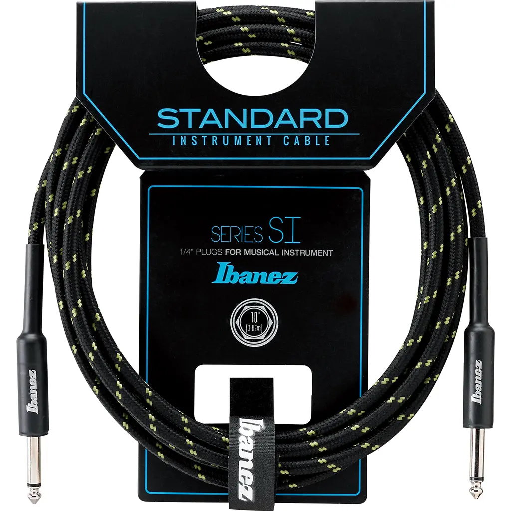 Ibanez Si10 Bg Woven Guitar Cable W/ 2 Straight Plugs - 10Ft (Black/Green) 1