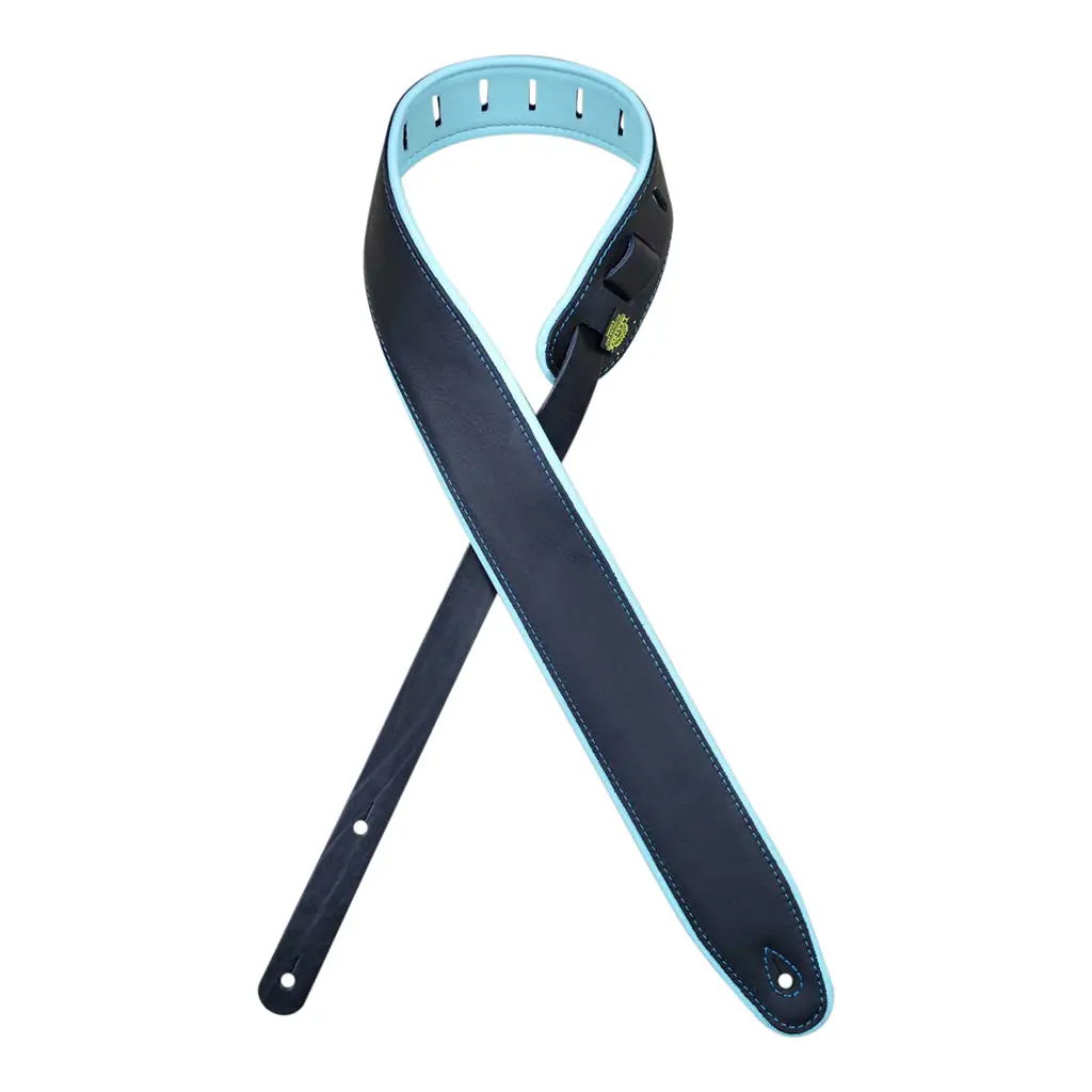 Colonial Leather - 2.5″ Padded Upholstery Leather Guitar Strap - Black & Aqua 1