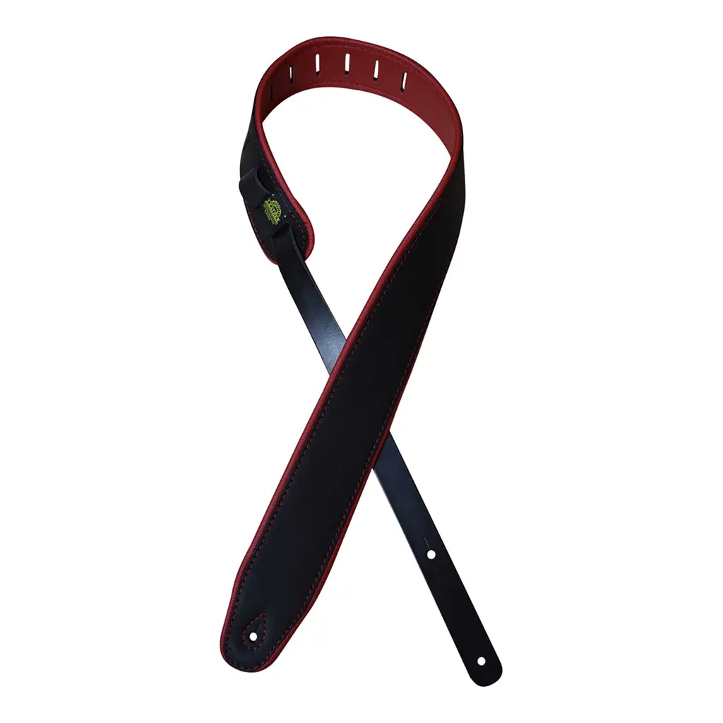 Colonial Leather - 2.5″ Padded Upholstery Leather Guitar Strap - Black & Red 1