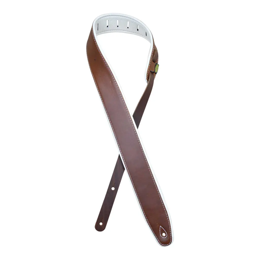 Colonial Leather - 2.5″ Padded Upholstery Leather Guitar Strap - Brown & White 1