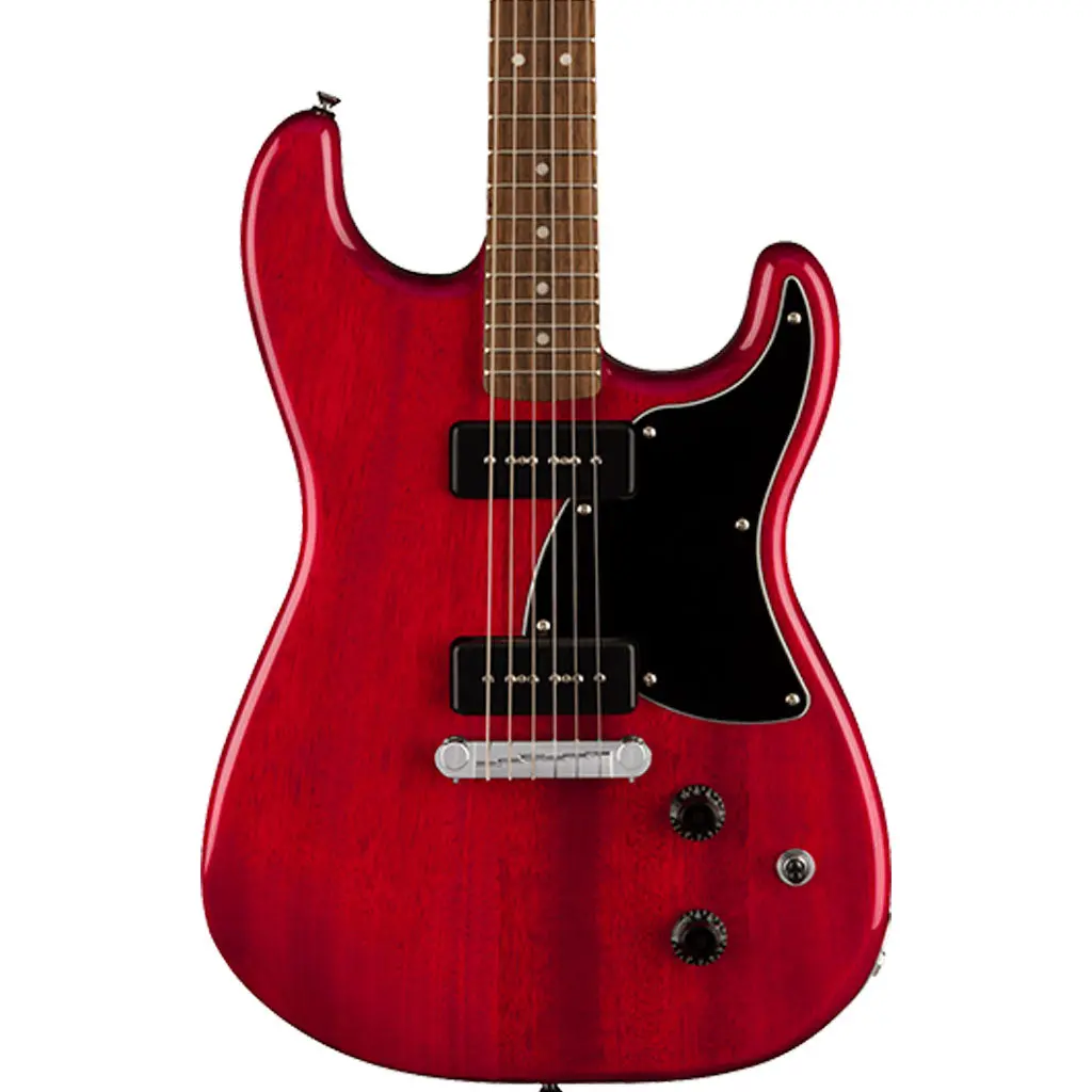 Squier Paranormal Strat-O-Sonic, Laurel Fingerboard, Black Pickguard, Crimson Red Transparent 1