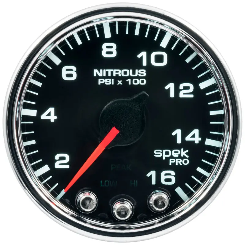 Autometer Spek-Pro Nitrous Pressure Gauge – 2-1/16", 1600 Psi, Stepper Motor, Peak/Hold & Warning, Black/Chrome Face 1