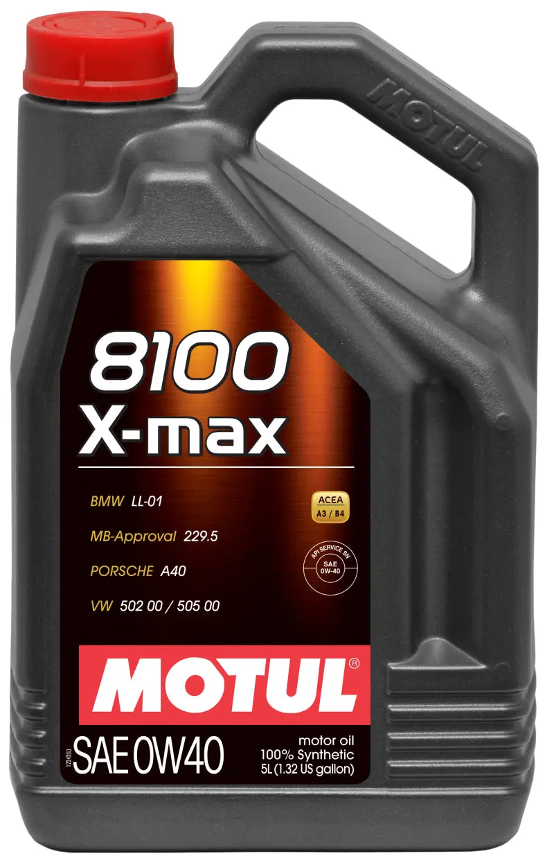 Motul 8100 X-Max Fully Synthetic Engine Oil – 5L, 0W-40, Meets Porsche A40 Specification 1